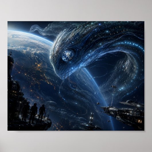 De bezoeker boven de aarde poster (Voorkant)
