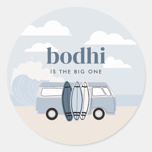 De Big One Boys' Beach Surf Verjaardag Ronde Sticker (Voorkant)