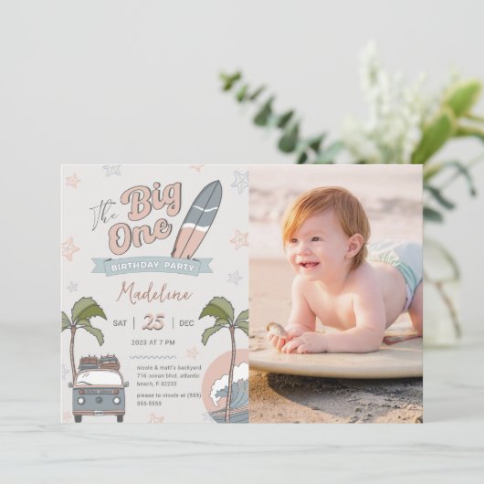 De Big One First Birthday Photo Invitation Kaart (Staand voorkant)