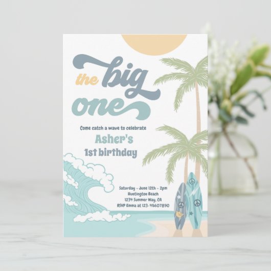 De Big One Retro Surf 1e verjaardag Kaart (Staand voorkant)