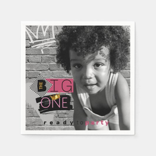 De BIG One| Roze 90's Hip Hop 1st Birthday Foto Servet (Voorkant)