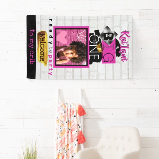 De BIG One| Roze 90's Hip Hop 1st Birthday Foto Spandoek (Insitu)