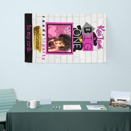 De BIG One| Roze 90's Hip Hop 1st Birthday Foto Spandoek (Beurs)