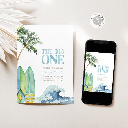 De BIG ONE Surfen 1e Verjaardagsfeestuitnodiging Kaart