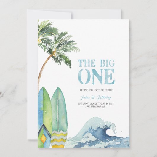 De BIG ONE Surfen 1e Verjaardagsfeestuitnodiging Kaart (Voorkant)