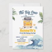 De Big One Surfing Retro First Birthday Invitation Kaart (Voorkant)