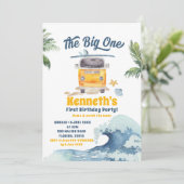 De Big One Surfing Retro First Birthday Invitation Kaart (Staand voorkant)