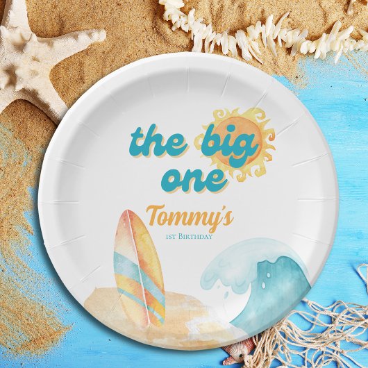 De Big One Waterverf Surfboard 1e verjaardag Papieren Bordje