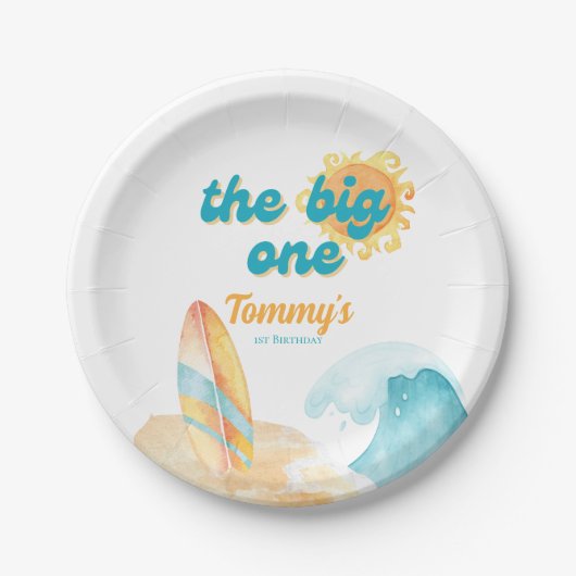 De Big One Waterverf Surfboard 1e verjaardag Papieren Bordje (Voorkant)
