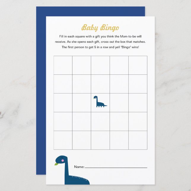 De Bingo van het Spel van het Baby shower van Dino (Voorkant / Achterkant)