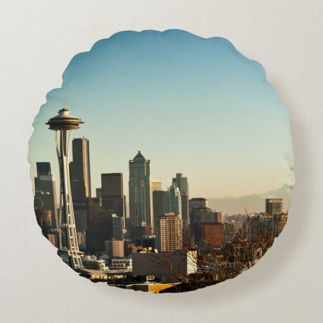 De binnenstad van Seattle skyline en Space Needle Rond Kussen (Voorkant)