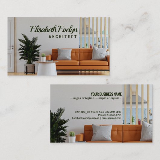 De binnenwand van de woonkamer is in warme tonen o visitekaartje (Voorkant / Achterkant)