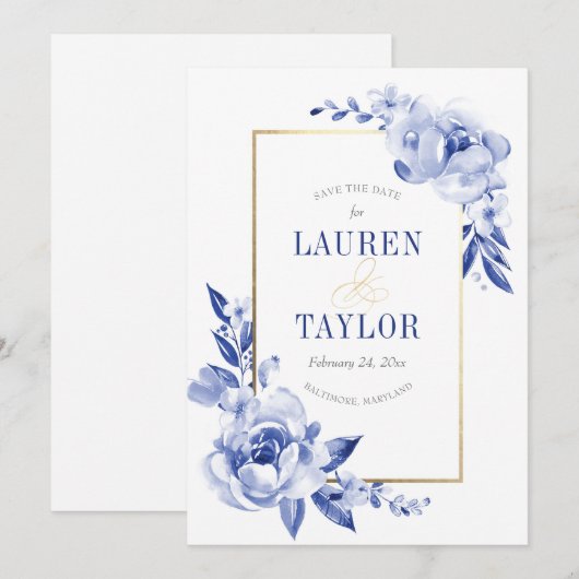 De blauwe Bloemen van de Waterverf sparen de Datum Save The Date (Voorkant / Achterkant)