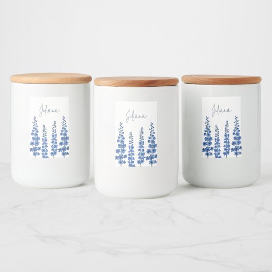 De blauwe bloemen van Delphinium Voedselcontainer Etiket (Flessen)