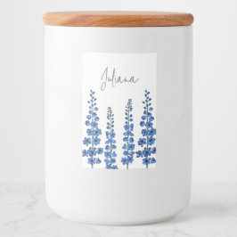 De blauwe bloemen van Delphinium Voedselcontainer Etiket