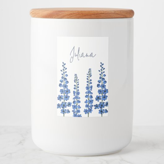 De blauwe bloemen van Delphinium Voedselcontainer Etiket (Voorkant)