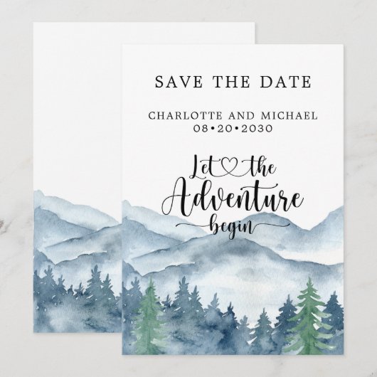 De blauwe Bosbergen van de Waterverf sparen de Dat Save The Date (Voorkant / Achterkant)