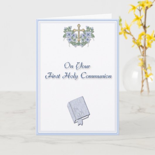 De blauwe communie gefeliciteerd kaart (Gele Bloem)