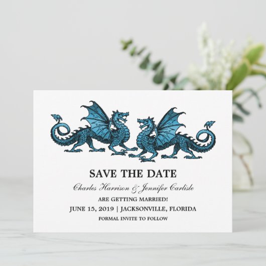 De blauwe Elegant Dragons sparen de Datum uitnodig Save The Date (Staand voorkant)