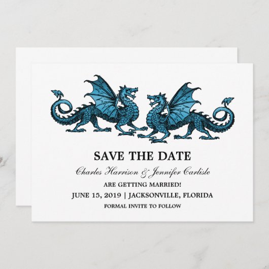 De blauwe Elegant Dragons sparen de Datum uitnodig Save The Date (Voorkant / Achterkant)