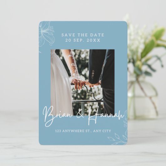 De blauwe Elegant Kader Lily grens sparen de Datum Save The Date (Staand voorkant)