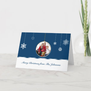 De blauwe en Witte Foto van het Ornament van de Feestdagen Kaart