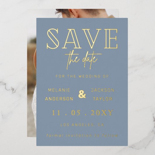 De blauwe handgeschreven de Foto van het Manuscrip Folie Uitnodiging (Voorkant / Achterkant)