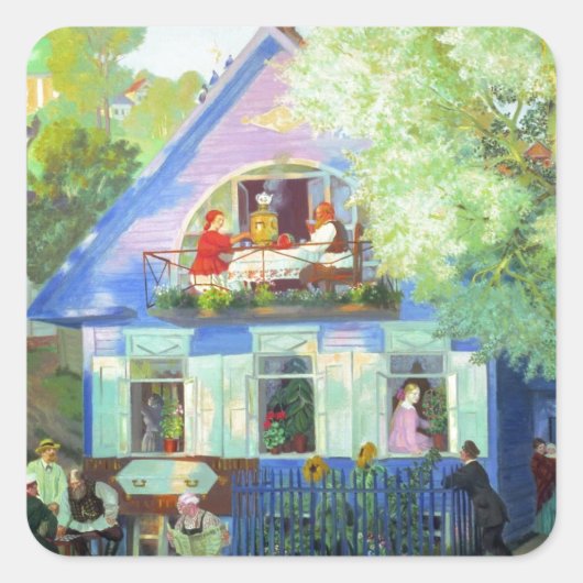 De blauwe katoen vierkante sticker (Voorkant)