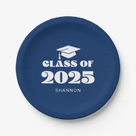 De blauwe klasse van 2025 papieren bordje