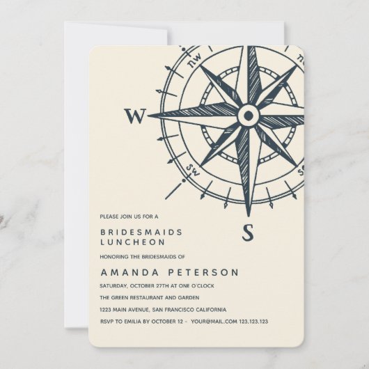De blauwe kompas | Bridesmaids Luncheon Wedding Kaart (Voorkant)