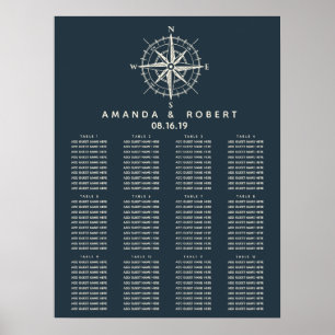 De blauwe kompas   Nautical Wedding Seating Chart Poster