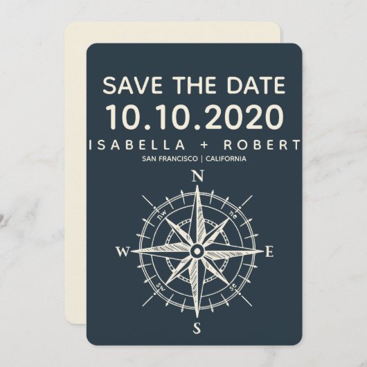 De blauwe kompas | Weddenschap Save the Date (Voorkant / Achterkant)
