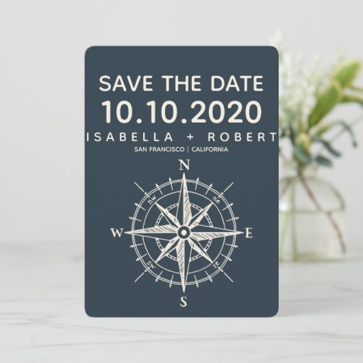 De blauwe kompas | Weddenschap Save the Date (Staand voorkant)