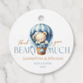 De blauwe luchtballon van de teddybeer van het kin bedankjes labels (Voorkant)