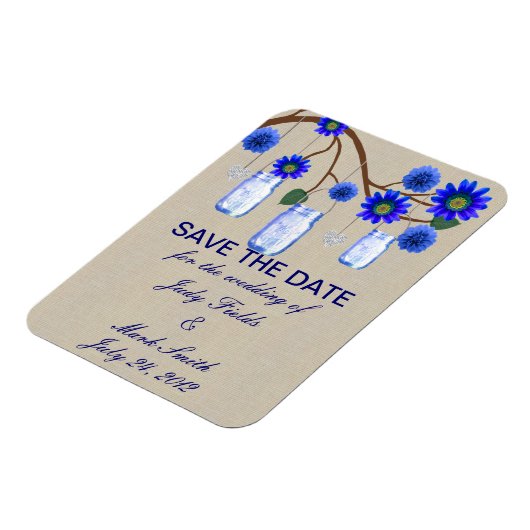 De blauwe Mason Jars van de burlap Rustic sparen d Magneet (Linkerzijde)