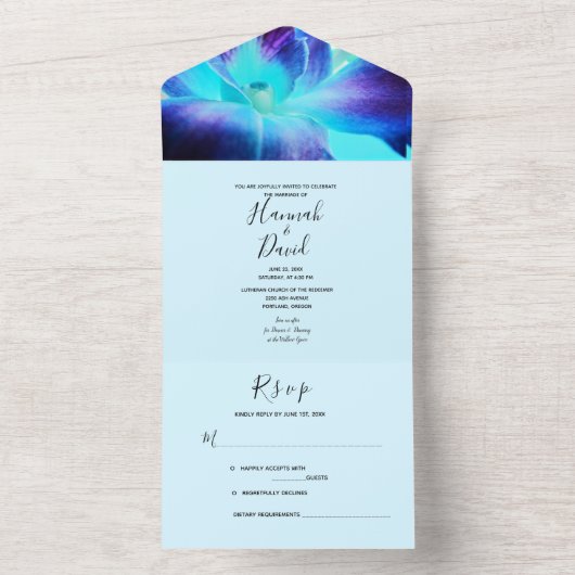 De blauwe orchidee in één bruiloft all in one uitnodiging (Binnen)