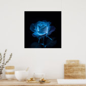 De Blauwe Roos Bioluminescente Bloem op Zwart Poster (Keuken)