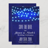 De blauwe Rustic Night String Lichten sparen de Ka Save The Date (Voorkant / Achterkant)