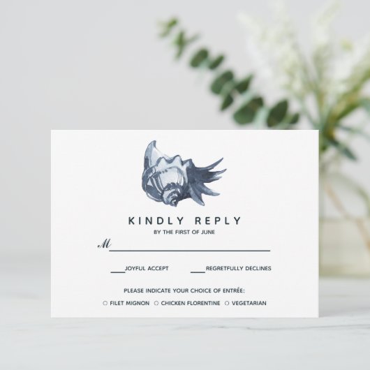 De blauwe schelp | Bruiloft RSVP met maaltijdkeuze (Staand voorkant)