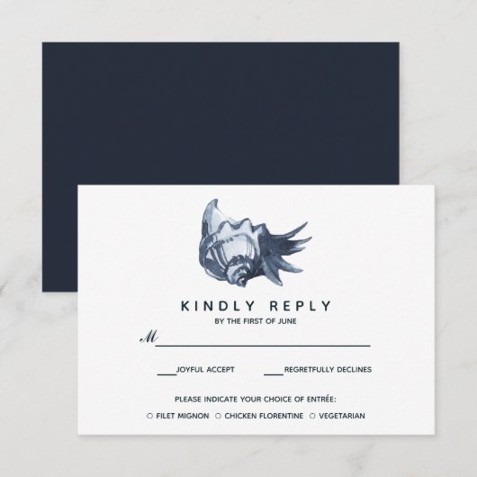 De blauwe schelp | Bruiloft RSVP met maaltijdkeuze Kaartje (Voorkant / Achterkant)