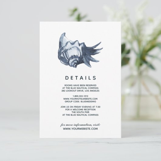 De blauwe schelp | Details van de bruiloft Kaart (Staand voorkant)