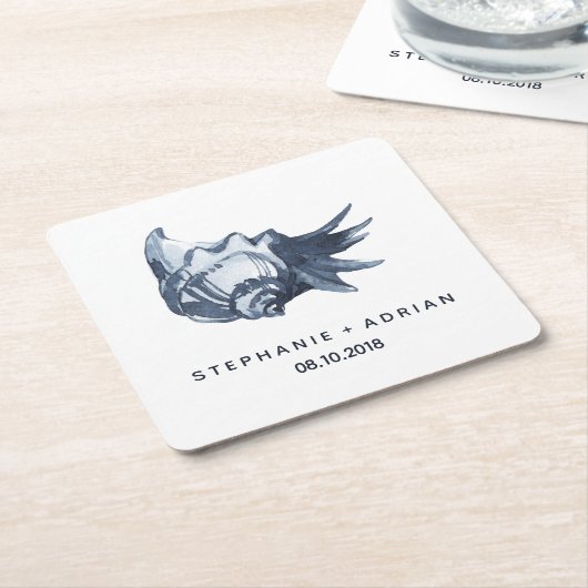 De blauwe schelp | Gepersonaliseerd bruiloft Kartonnen Onderzetters (Schuin)