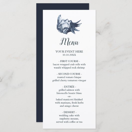 De blauwe schelp | Menu Nautical Wedding (Voorkant / Achterkant)