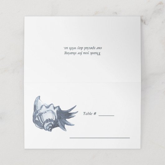 De blauwe schelp | Nautical Wedding table place Plaatskaartje (Buitenkant ongevouwen)