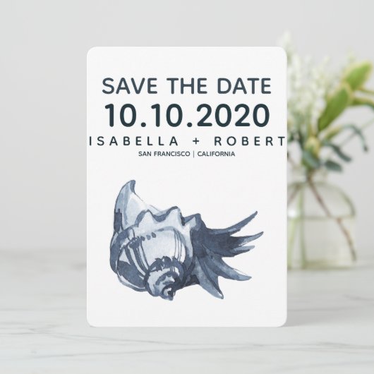 De blauwe schelp | Weddenschap Save the Date (Staand voorkant)