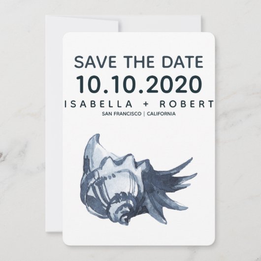 De blauwe schelp | Weddenschap Save the Date (Voorkant)