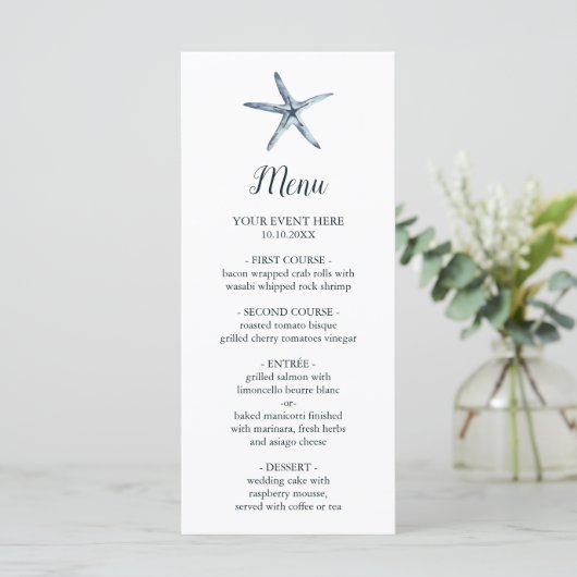 De blauwe Starfish | Nautical Wedding Menu (Staand voorkant)