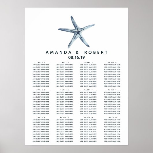 De blauwe Starfish | Nautical Wedding Seating Char Poster (Voorkant)