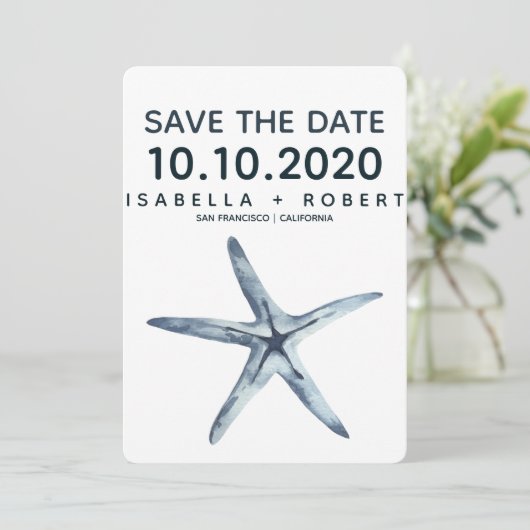 De blauwe Starfish | Weddenschap Save the Date (Staand voorkant)