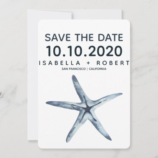 De blauwe Starfish | Weddenschap Save the Date (Voorkant)